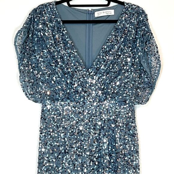 Mac Duggal 5640‎ Womens Size 12 Blue Sequin Draped Sleeve V-Neck Gown Maxi Dress - Picture 5 of 9